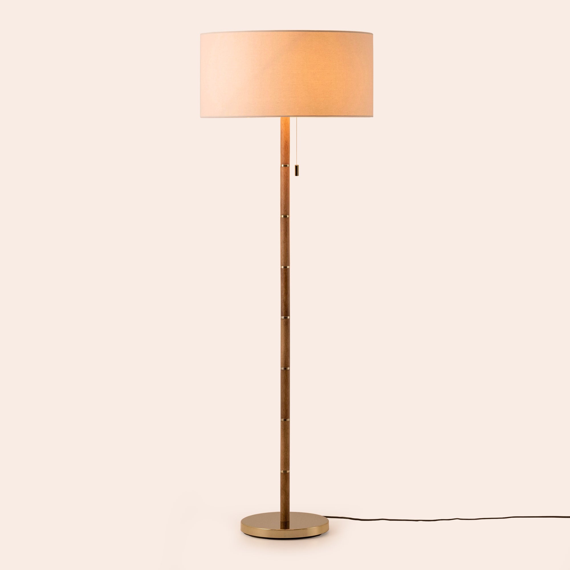 Wood & brass disk floor lamp