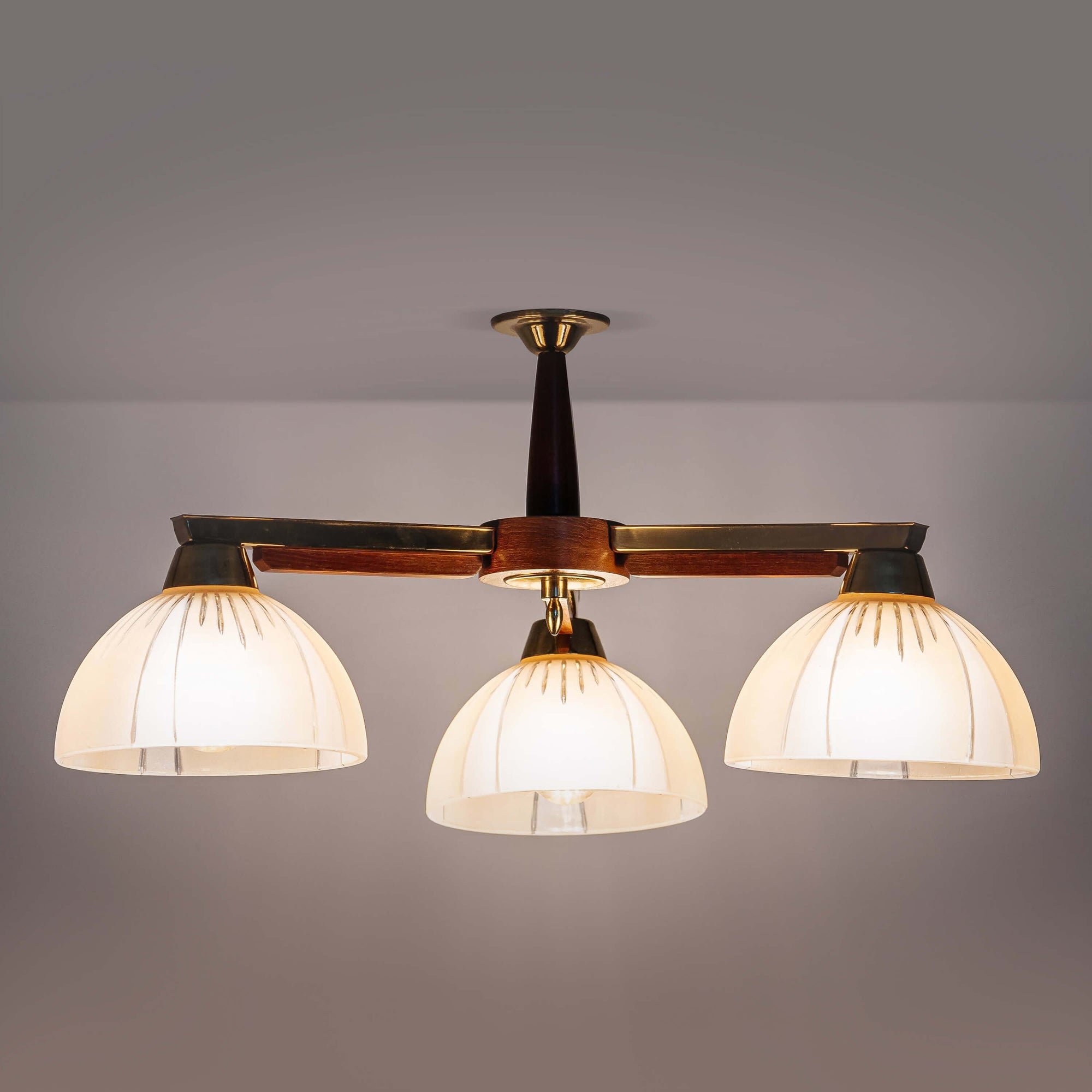 Brass & wood 3 light flush chandelier