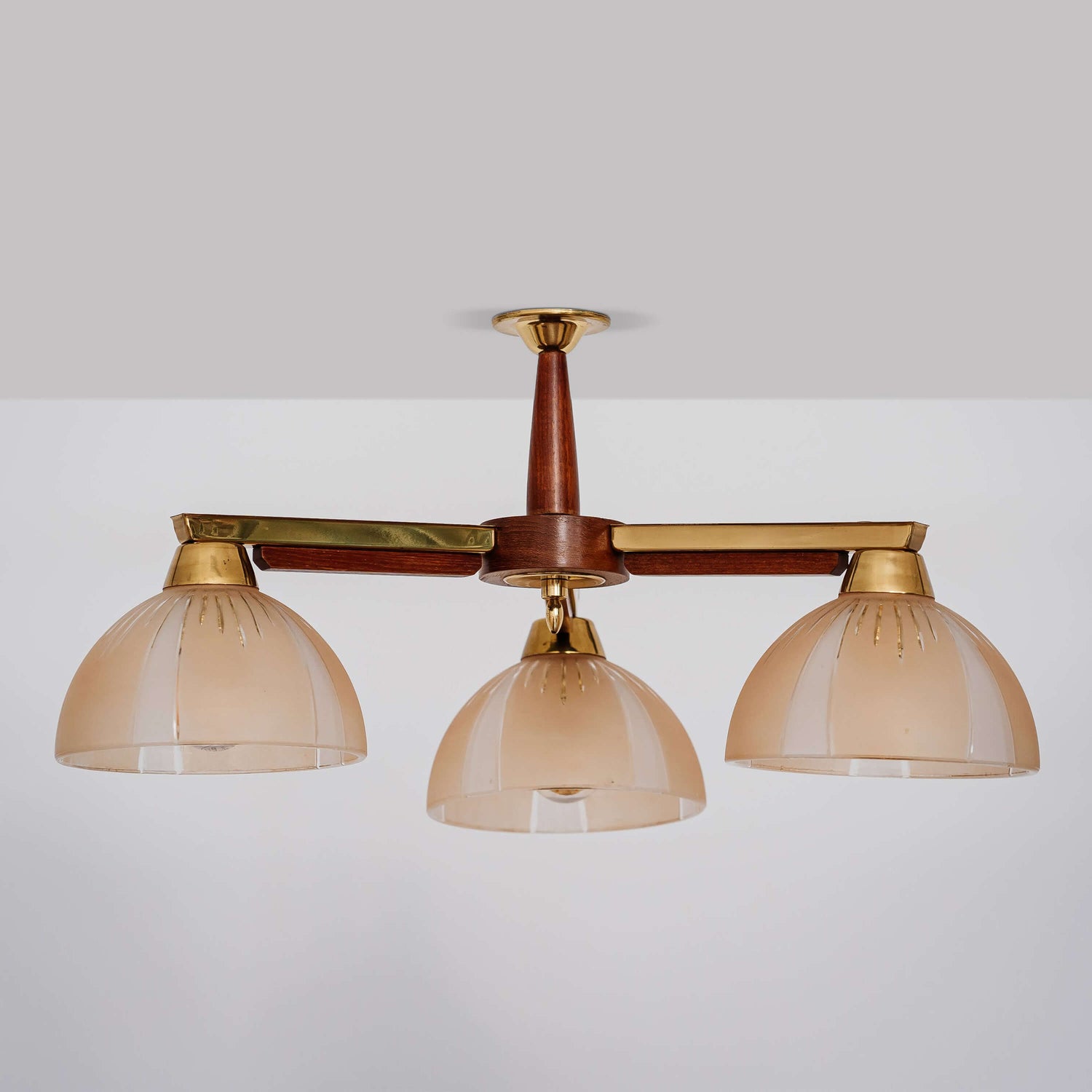 Brass & wood 3 light flush chandelier