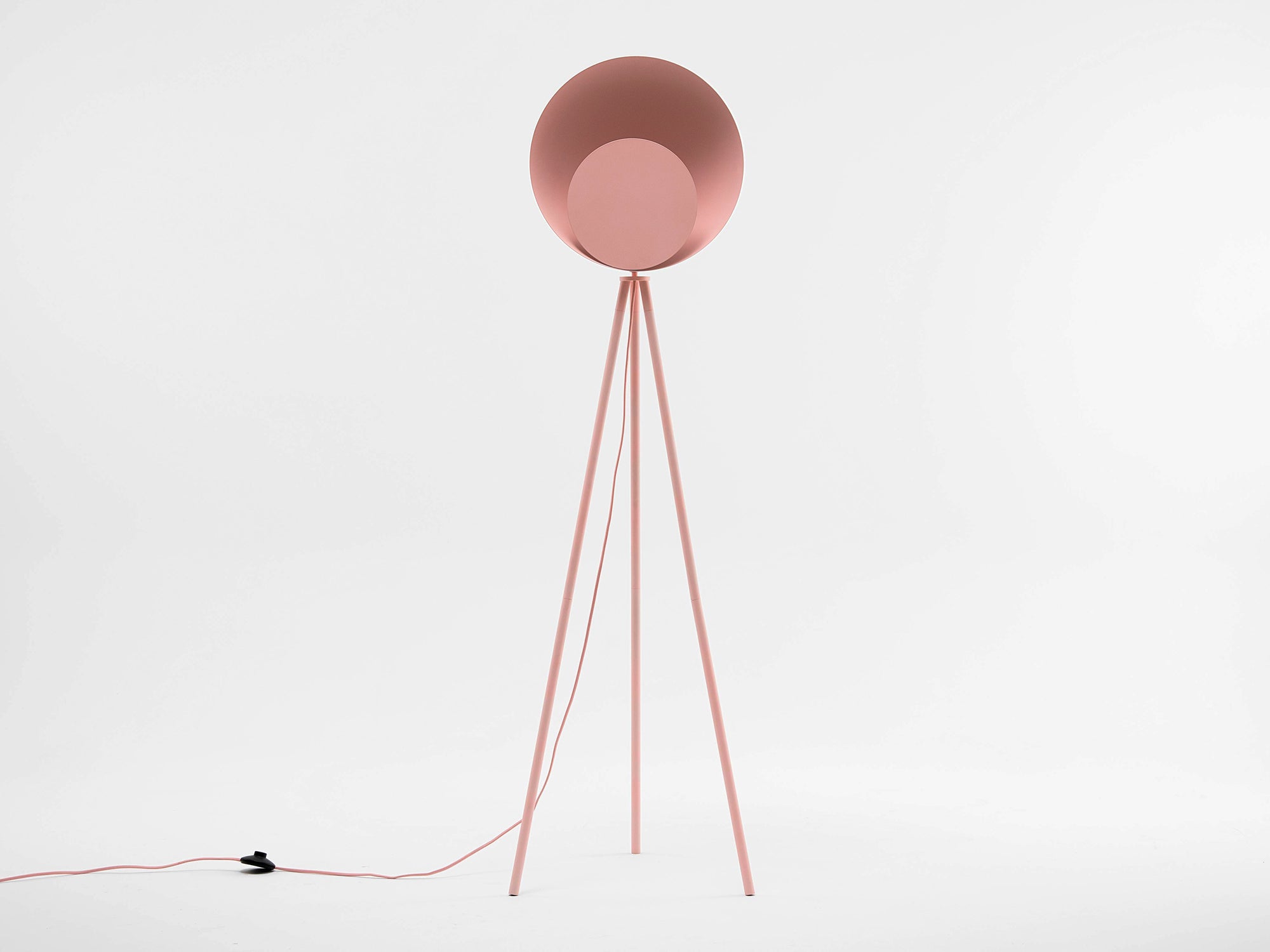 A pink tripod base suspends an oversized pink dome head with a diffused, integrated LED light. Light off.